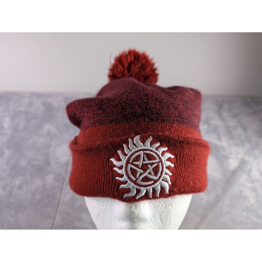 Supernatural Join The Hunt Beanie Maroon Anti-Possession Symbol Pom Knit Hat O/S